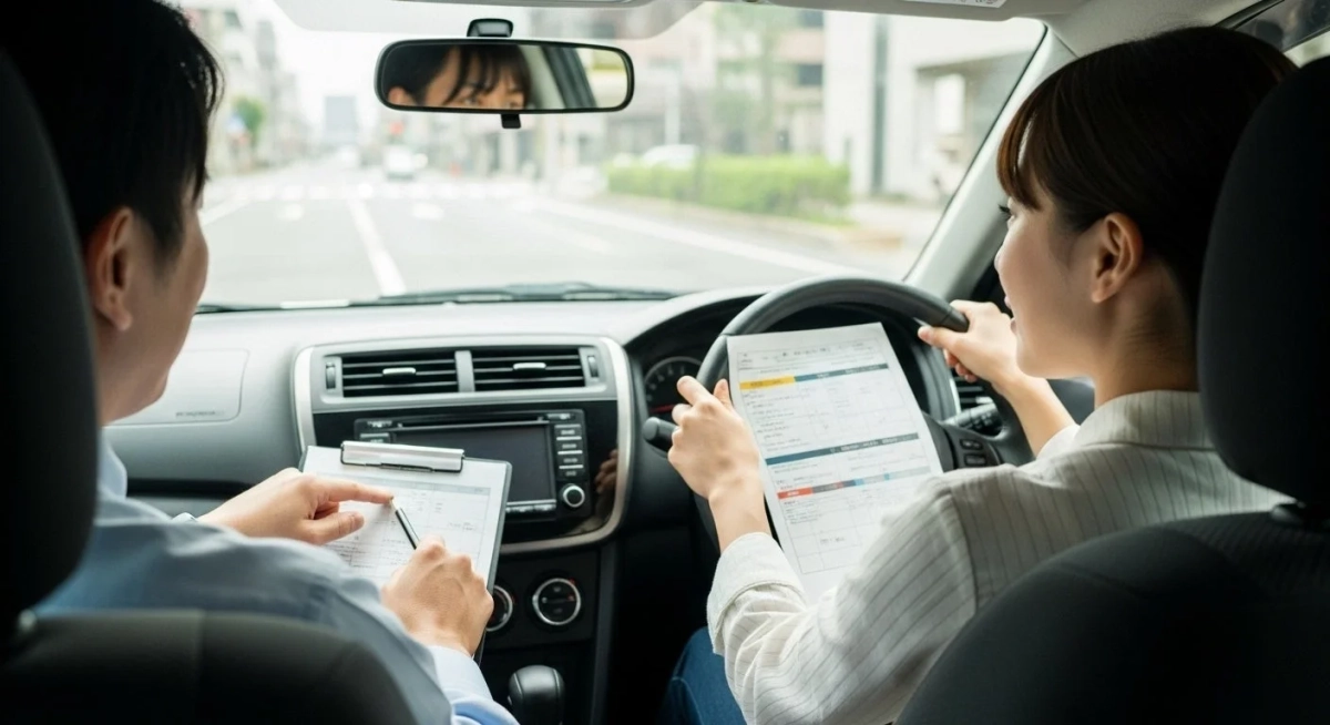 女性が運転席でハンドルを握り、男性が助手席で書類を確認しながら指導している様子。