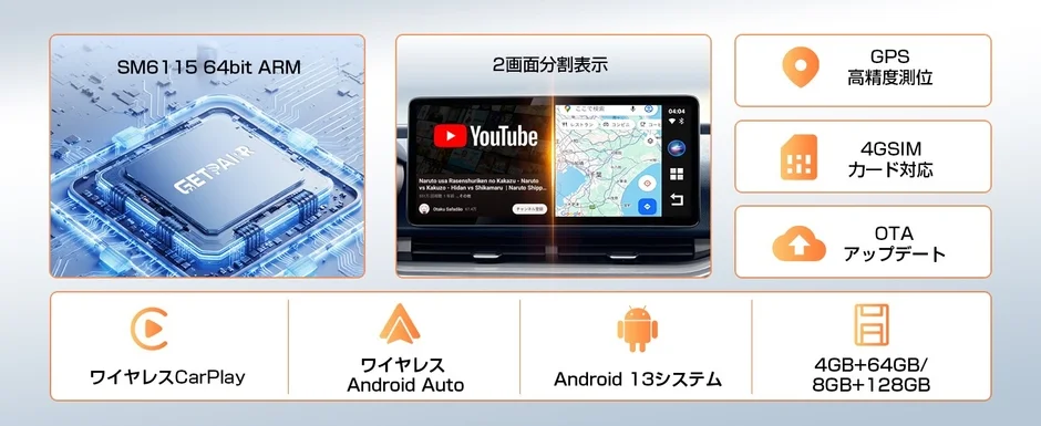 高性能なSM6115 64bit ARMプロセッサを搭載した車載インフォテインメントシステムを紹介。YouTubeとナビの2画面分割表示、高精度GPS、4G SIM対応、OTAアップデート、ワイヤレスCarPlay/Android Auto、Android 13システム、そして複数のメモリ・ストレージオプションを備えています。