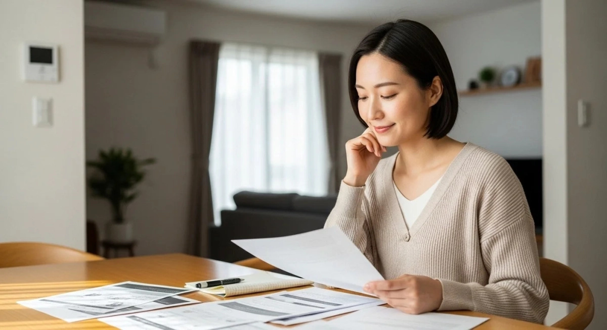 自宅のリビングで、一人の女性がテーブルに広げた書類を笑顔で確認しています。