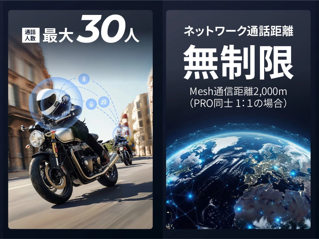 バイク用インカムの通信性能をアピールする広告です。