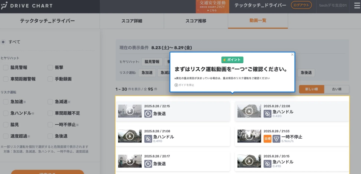 DRIVE CHARTの動画一覧画面、リスク運転の確認を促すポップアップ