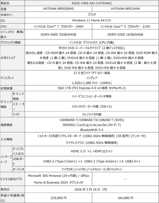 ASUS V400 AiO (V470VAK) 製品スペックの概要と発売日および価格