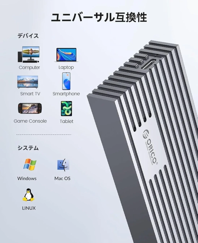 この画像は、様々なデバイスとOSに対応するユニバーサル互換性を持つORICO製の外付けストレージ（SSDケース）を示しています。コンピューター、ノートパソコン、スマートフォン、ゲーム機など幅広い機器で使用可能です。