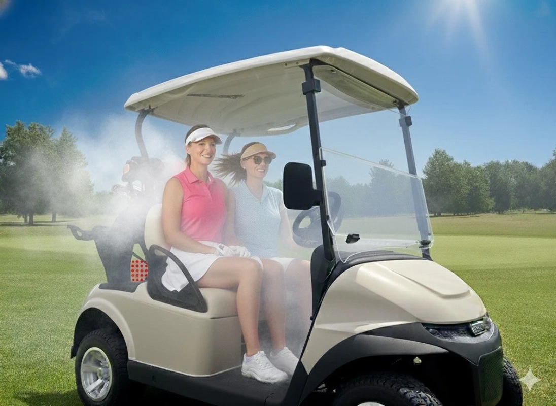 晴れたゴルフ場で、ミストが噴き出すゴルフカートに乗って笑顔を見せる2人の女性