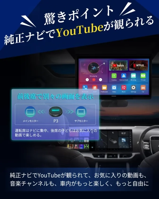 車載モニターを通じて純正ナビでYouTubeやNetflixなどの動画が楽しめる製品の広告