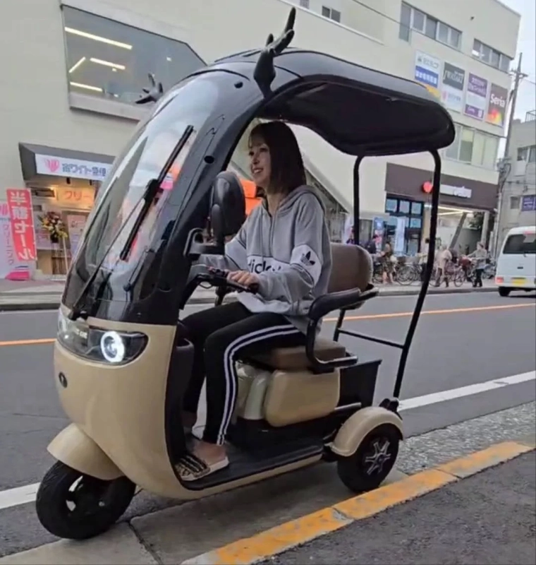 屋根付きのベージュ色の三輪電動スクーター