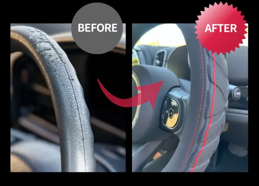 劣化したステアリングホイールとカバー装着後の比較