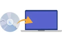 破損したCD/DVDディスクからノートパソコンへデータが転送されるイメージ画像