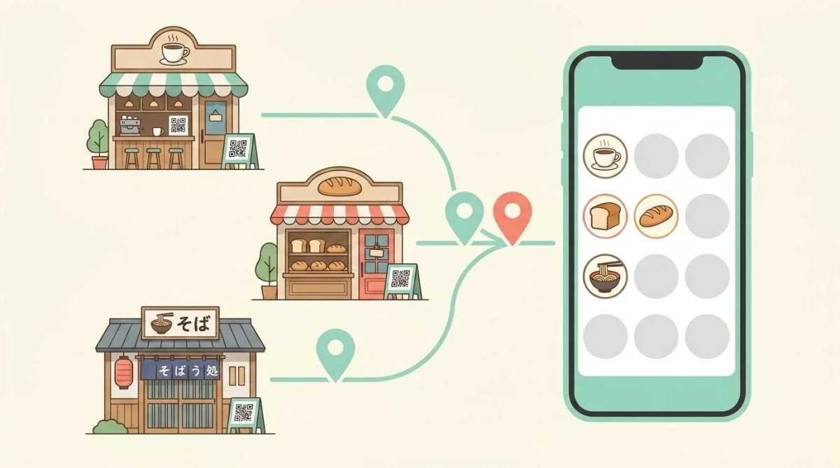 複数の店舗がマップ上に表示され、デジタルサービスを示唆するイラスト