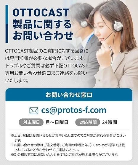 OTTOCAST製品に関するお問い合わせ窓口の案内画像です。メールアドレス、対応曜日（月～日）、24時間対応時間を示しており、土日祝は混雑する旨や、問い合わせ時に注文番号などの情報提供を促しています。