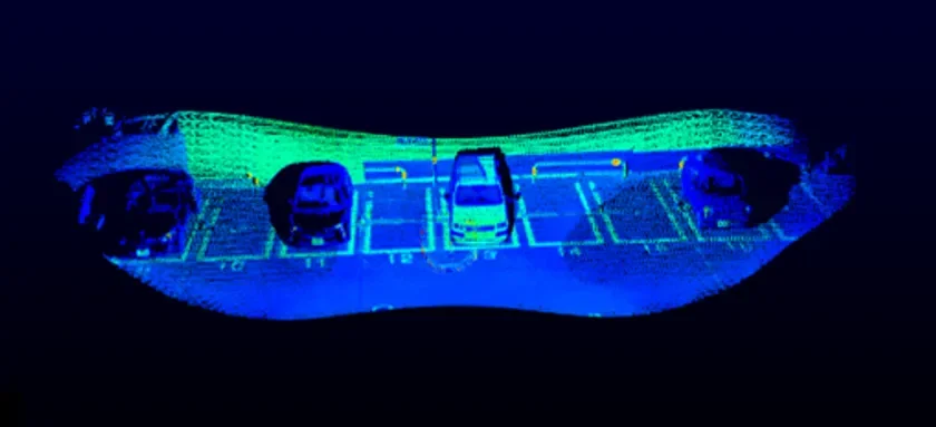 LiDARセンサーでスキャンされた駐車場の点群データ