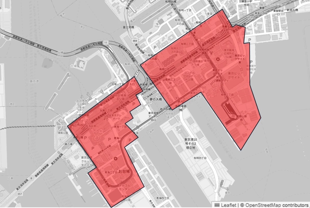 東京のお台場、有明、青海エリアを示す地図