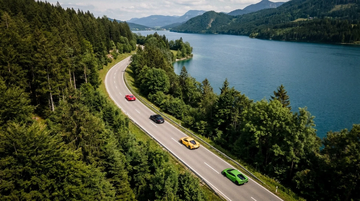 湖畔のワインディングロードを走るスポーツカー