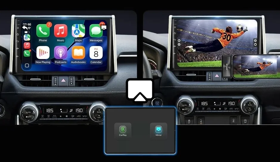 車載ディスプレイがApple CarPlayとミラーリング機能を介してスマートフォンと連携する様子を示す。