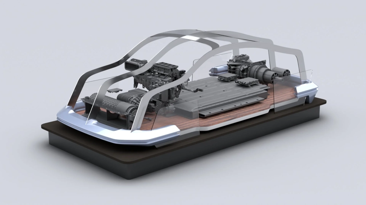透明な外装越しに内部構造が見えるEVボートの3Dレンダリング画像