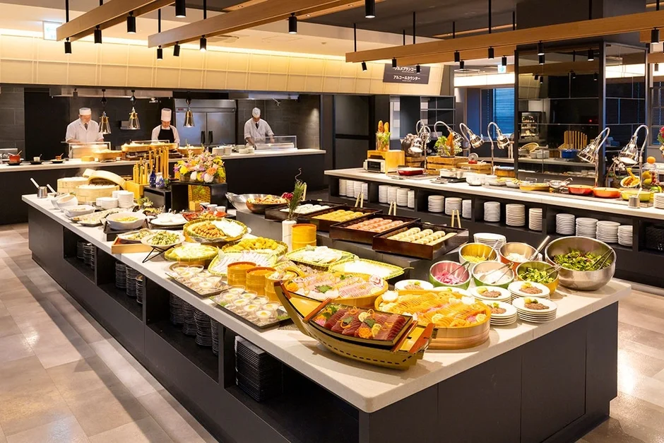 広々とした空間に和洋様々な料理が並ぶ豪華なビュッフェレストラン