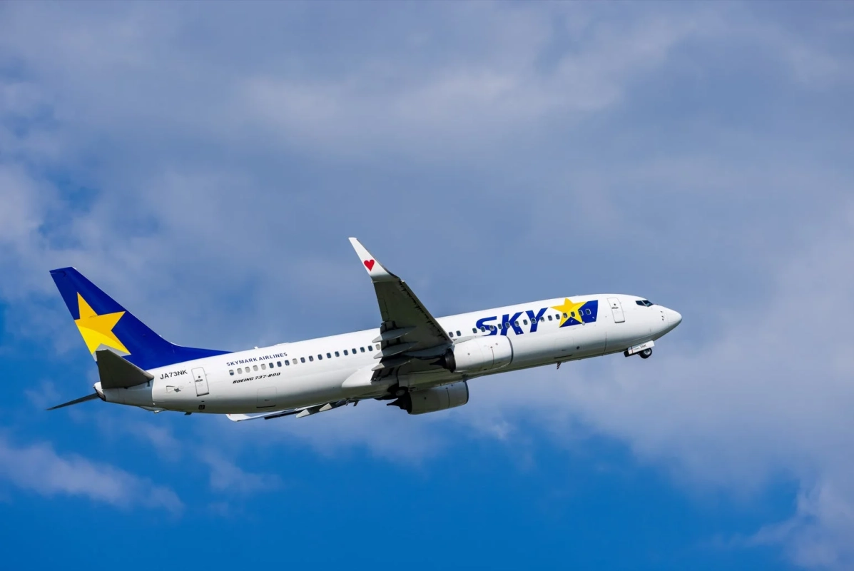 青空を背景に、スカイマーク航空のボーイング737-800型機が力強く上昇している様子