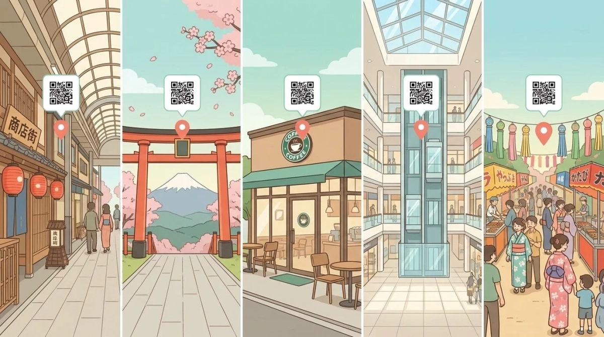 日本の様々な場所をテーマにしたイラスト。商店街、富士山と鳥居、カフェ、商業施設、祭りの屋台が描かれ、それぞれにQRコードとピンが表示