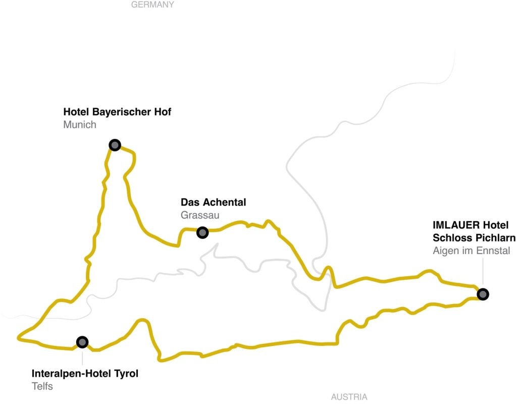 ドイツとオーストリアのホテルルート地図