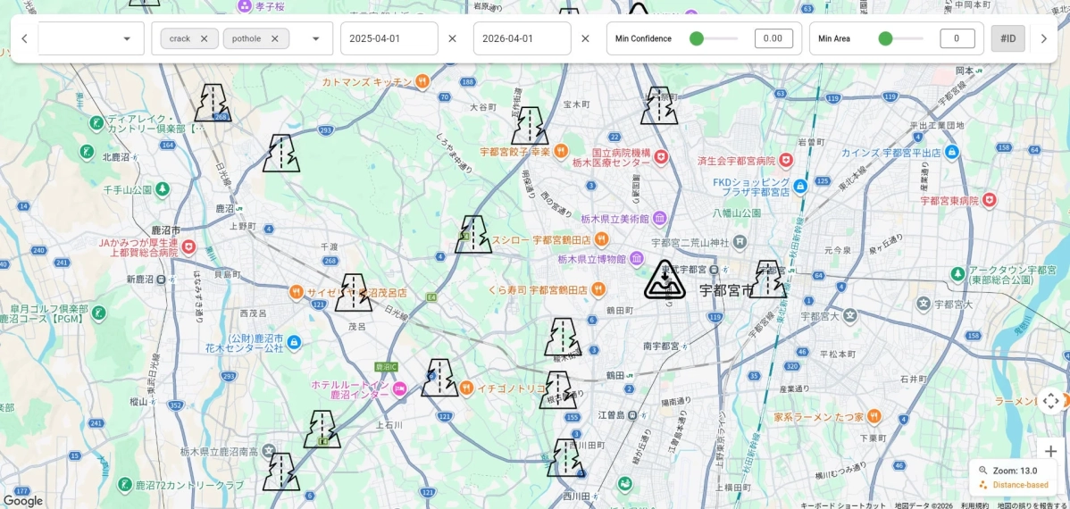 地図上に表示された道路損傷箇所