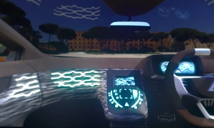 未来的な車のインテリアを描いた画像です。ダッシュボードには青く光るデジタルディスプレイや操作パネルがあり、ハンドル周りにも計器類が映し出されています。窓の外には夜の街並みが広がり、全体的に近未来的な雰囲気を醸し出しています。