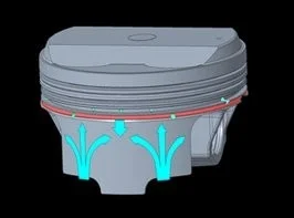 自動車エンジンのピストン内部構造を示す3Dモデル