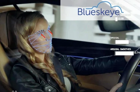 車を運転中の女性の顔がBlueskeyeシステムによって解析されている様子