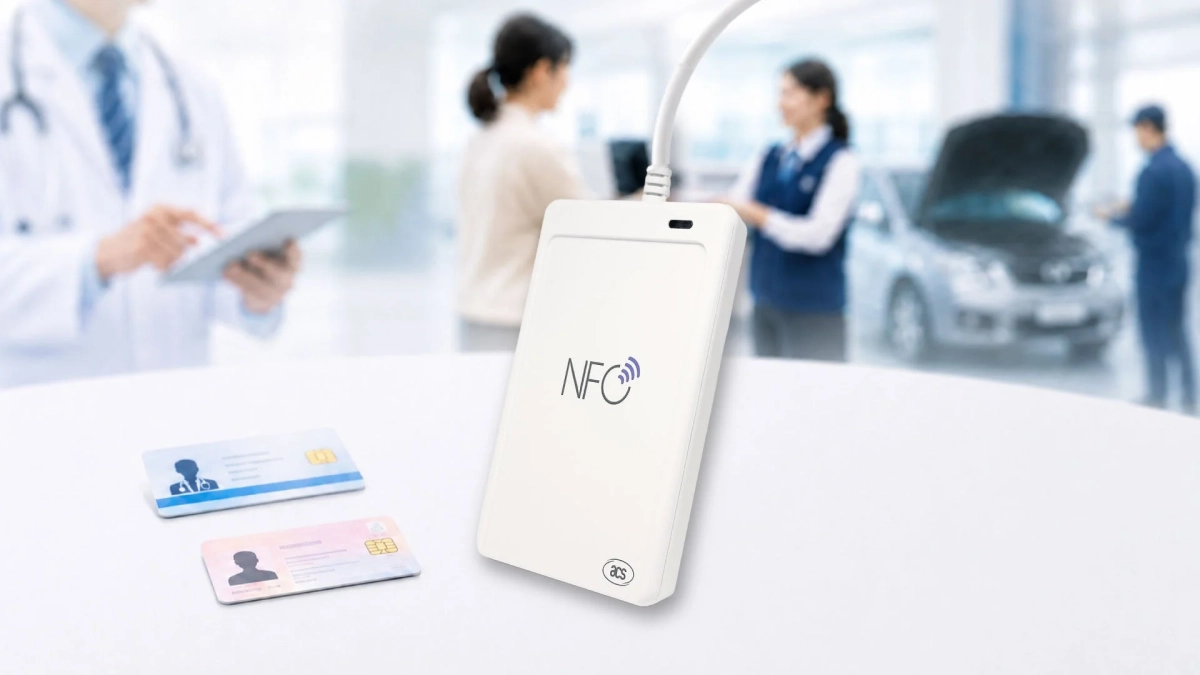 NFCリーダーとICカードが手前にあり、背景には医師がタブレットを使う医療現場や、自動車の整備が行われる風景がぼやけて写っています。