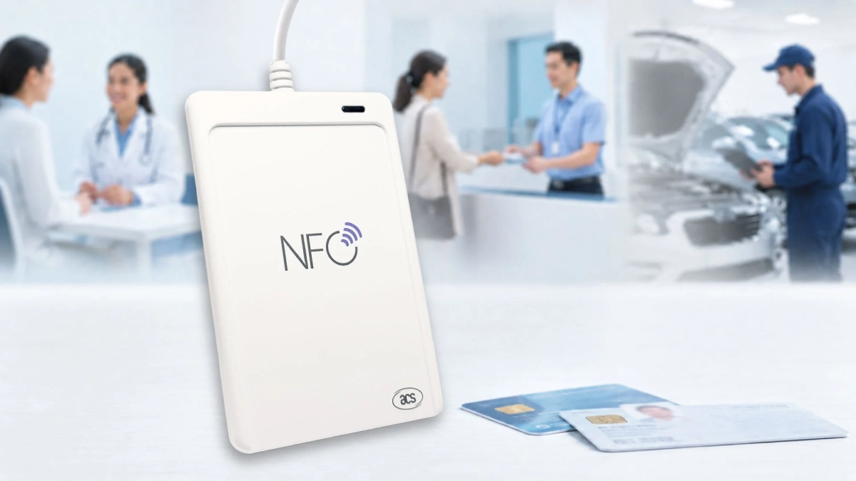 NFCカードリーダーが前景にあり、背景には医療機関、銀行、自動車整備工場といった様々な業界でのカード利用シーンがぼかして描かれています。