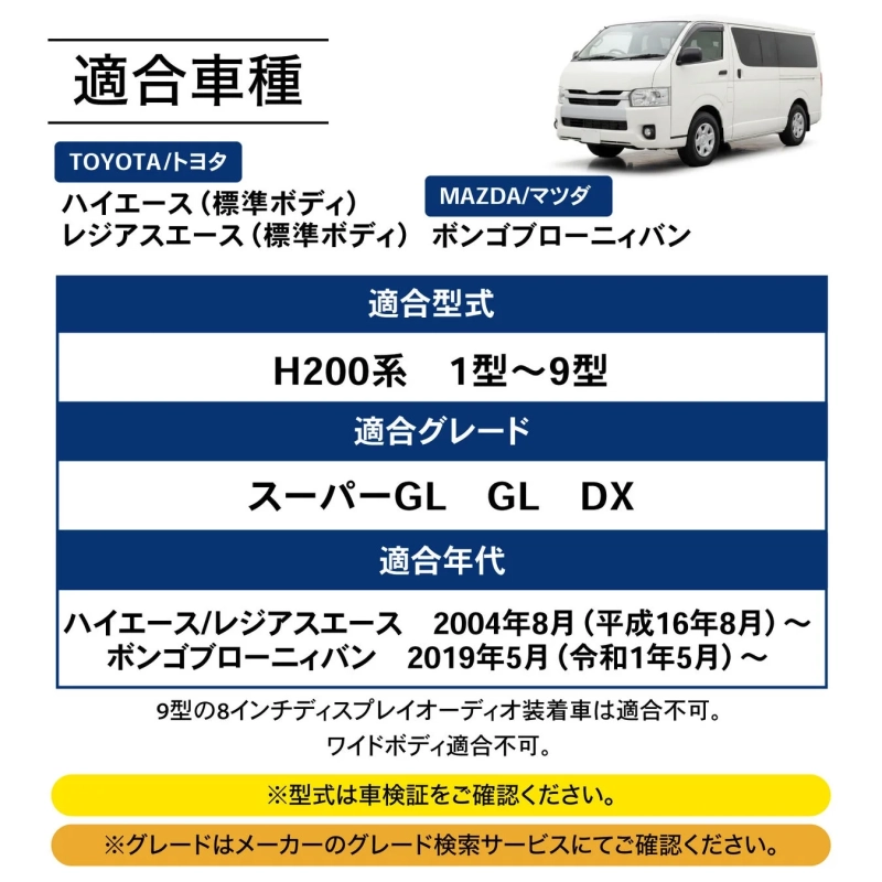 適合車種 TOYOTA/トヨタ ハイエース (標準ボディ) レジアスエース (標準ボディ) MAZDA/マツダ ボンゴブローニイバン