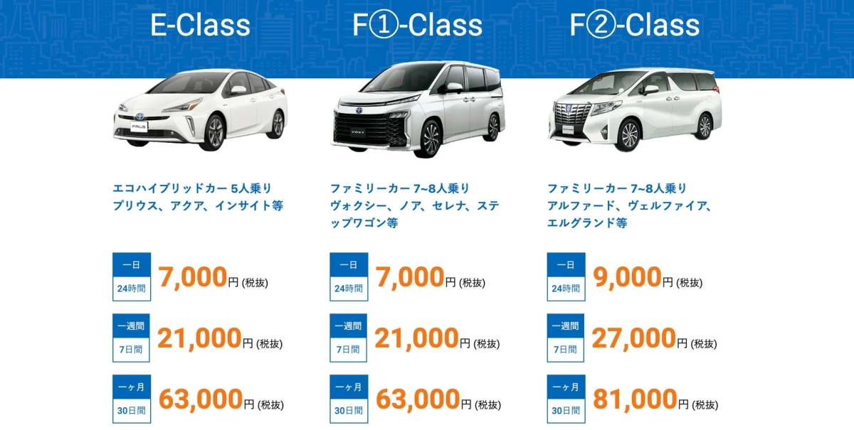エコハイブリッドカー、ファミリーカーの料金表