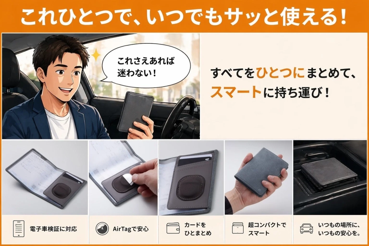 電子車検証、カード、AirTagを収納するケース