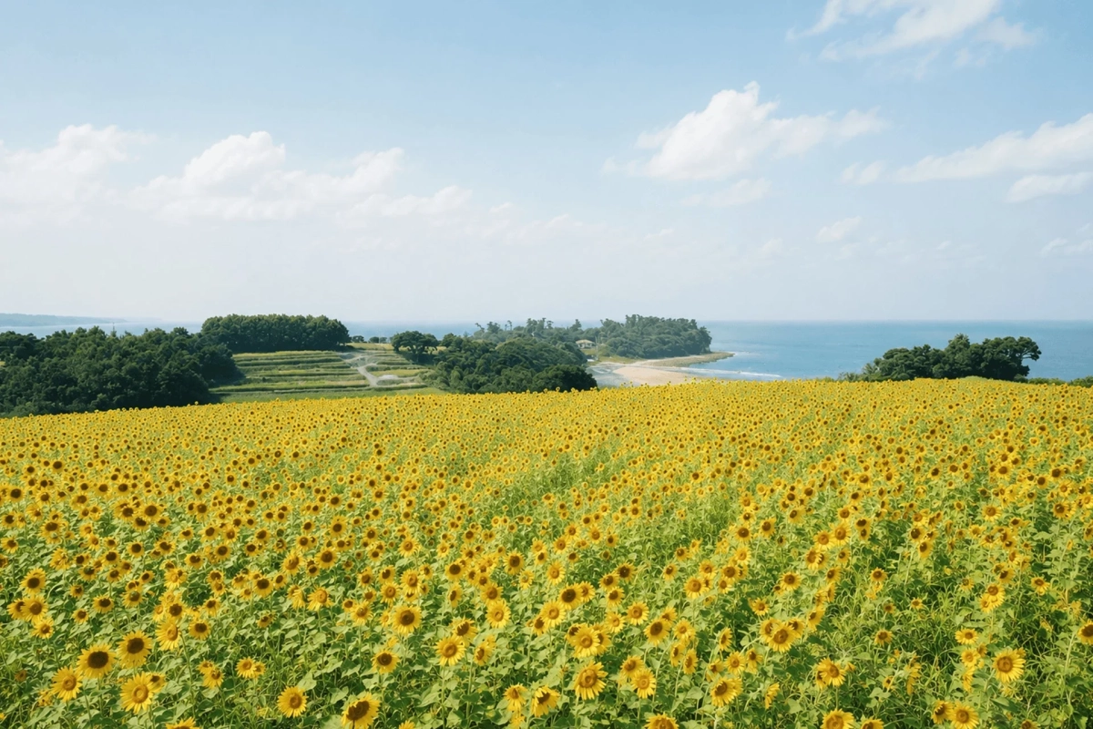 ひまわり畑と海