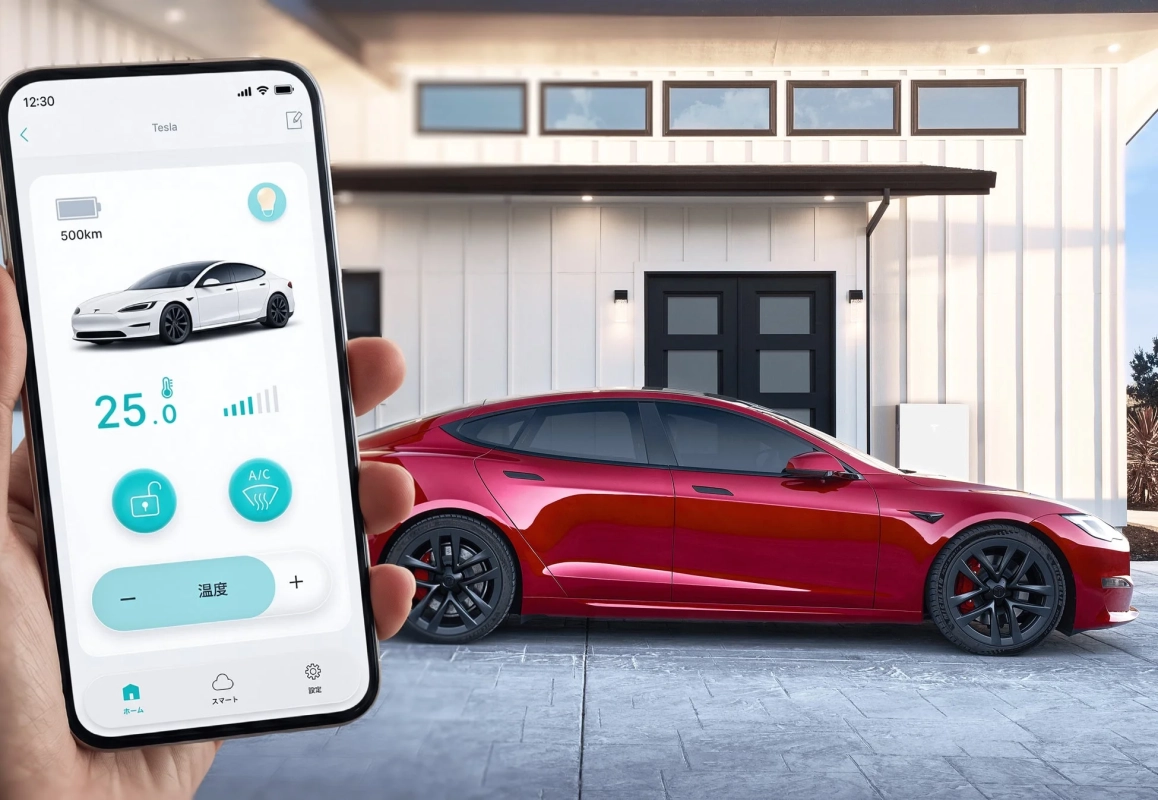 スマートフォンでテスラ車を操作するHomeLinkアプリ画面とモダンな住宅の前に駐車された赤いテスラ車