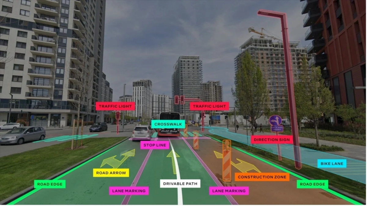 都市の道路要素が色分けされた画像認識システムのデモンストレーション