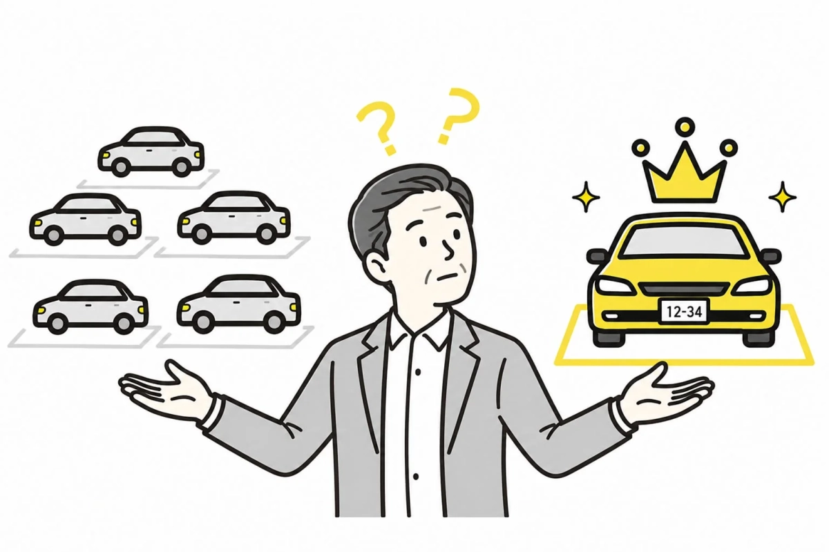 多くの普通の車と一台の特別な車の間で悩む男性のイラスト。車の購入や選択に迷う様子