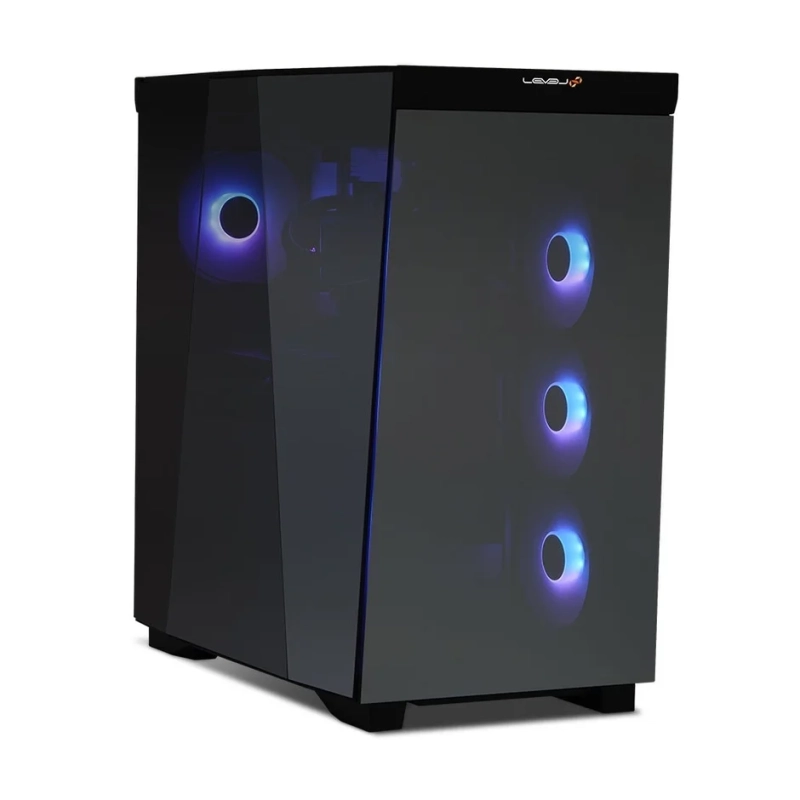 青と紫のLEDが光るファンを内蔵した黒いPCケース