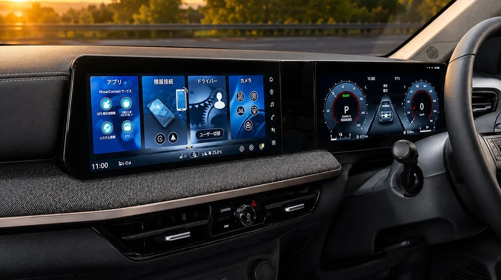 最新の自動車の運転席を捉えた画像で、大型のデジタルディスプレイが特徴的です
