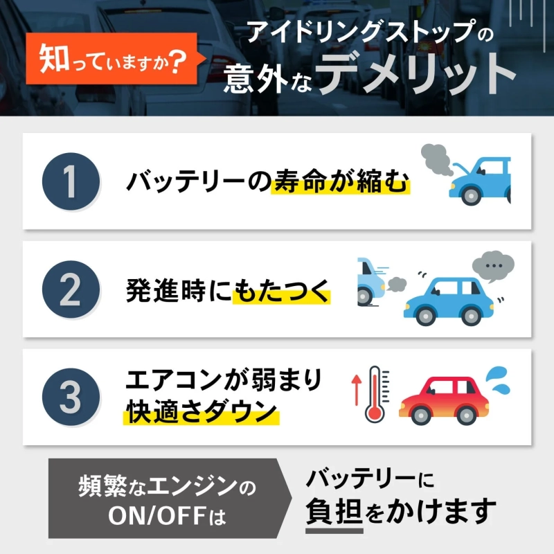 車のアイドリングストップによる意外なデメリットを解説。バッテリー寿命の短縮、発進時のもたつき、エアコン性能低下の3点を挙げ、頻繁なエンジンON/OFFがバッテリーに負担をかけると説明しています。