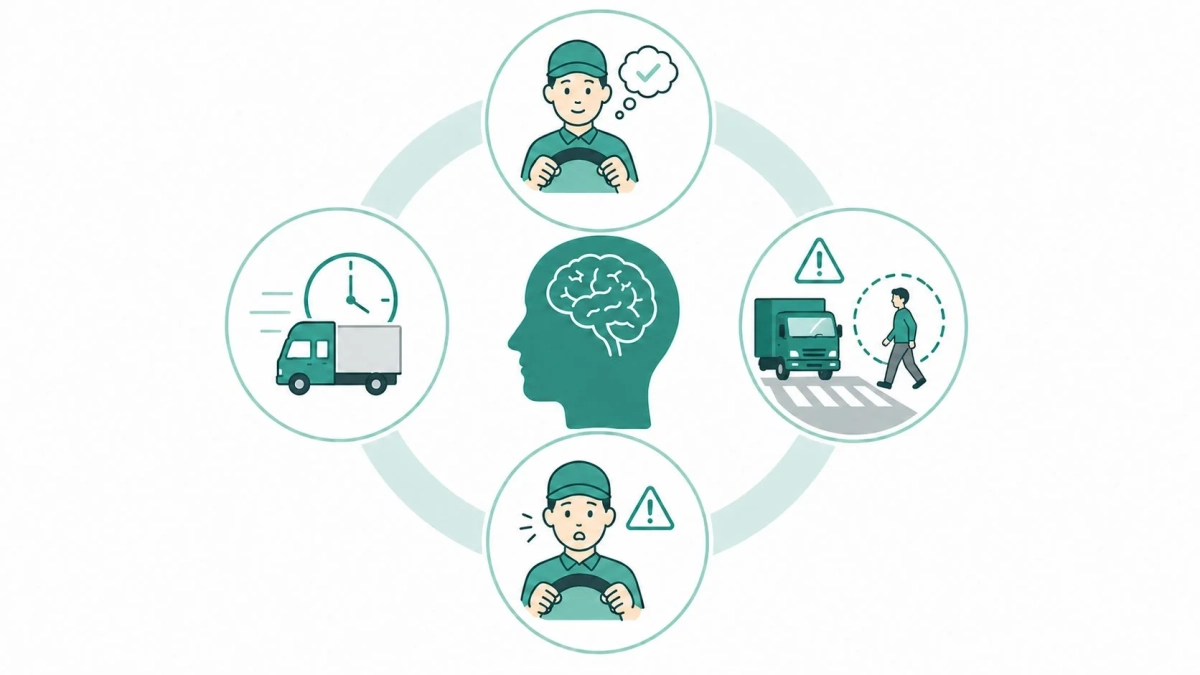 ドライバーの脳と運転中の認知プロセスを示すイラスト