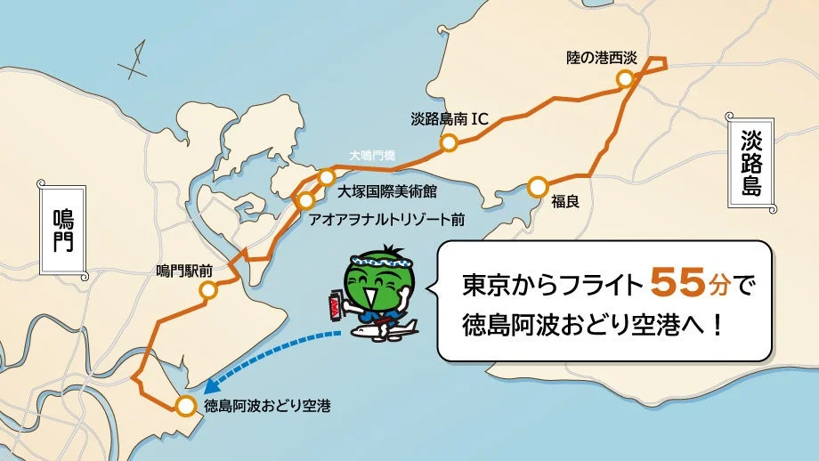 徳島から淡路島南IC、大塚国際美術館などを巡る観光ルートが示された地図