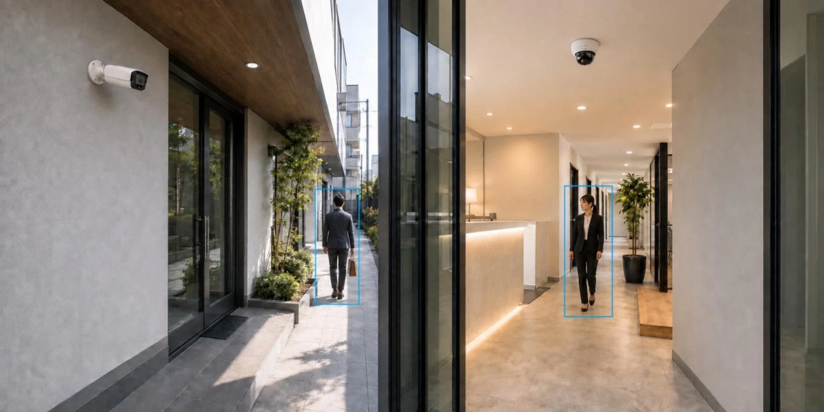 屋外と屋内の両方に設置された監視カメラと、それぞれの場所を歩くビジネスパーソンが写っています。セキュリティシステムやスマートビルディングの導入事例を示唆する画像です。